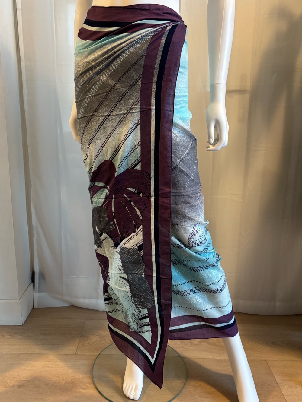 Vintage Christian Dior Floral Sarong Pareo Wrap Aqua Plum Oversized